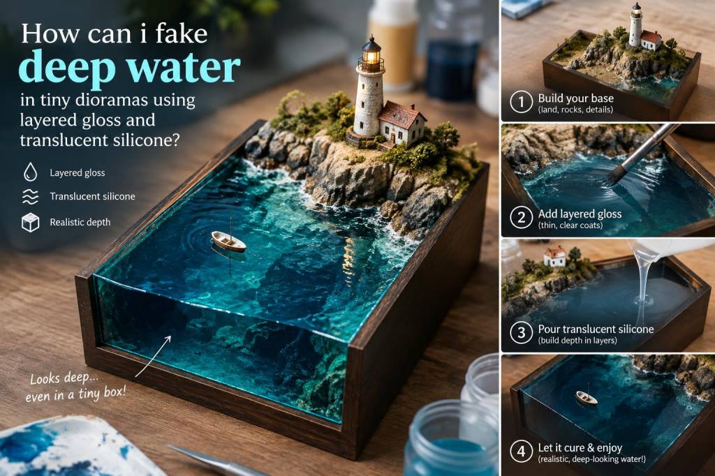 How can i fake deep water in tiny dioramas using layered gloss and translucent silicone