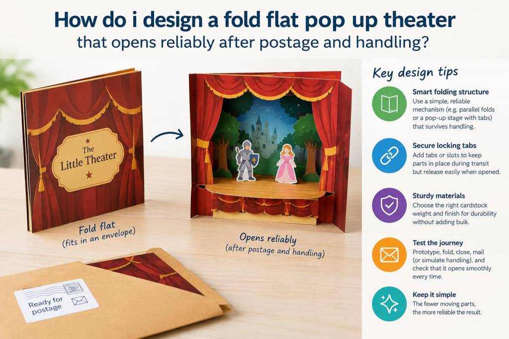 How do i design a fold-flat pop-up theater that opens reliably after postage and handling
