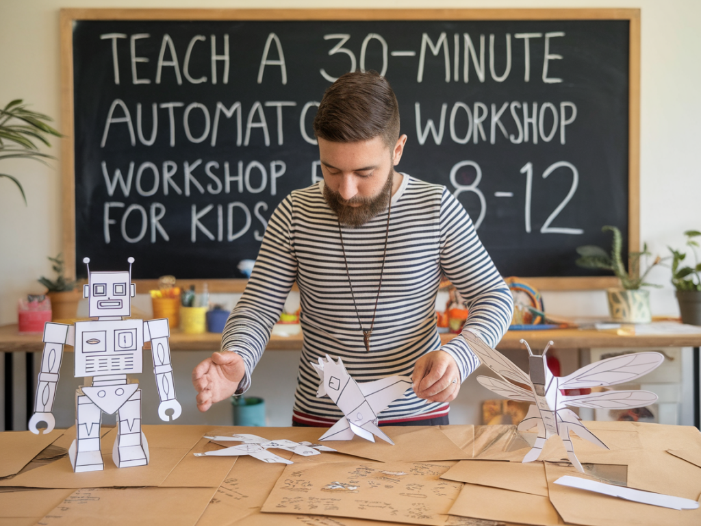 Teach a 30-minute paper automaton workshop for kids 8–12 using three reusable templates
