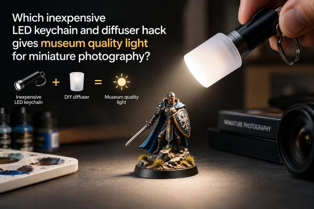 Which inexpensive led keychain and diffuser hack gives museum-quality light for miniature photography